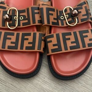Tan and Black Logo Buckle Slides womens sandal shoe pool dress flats black brown